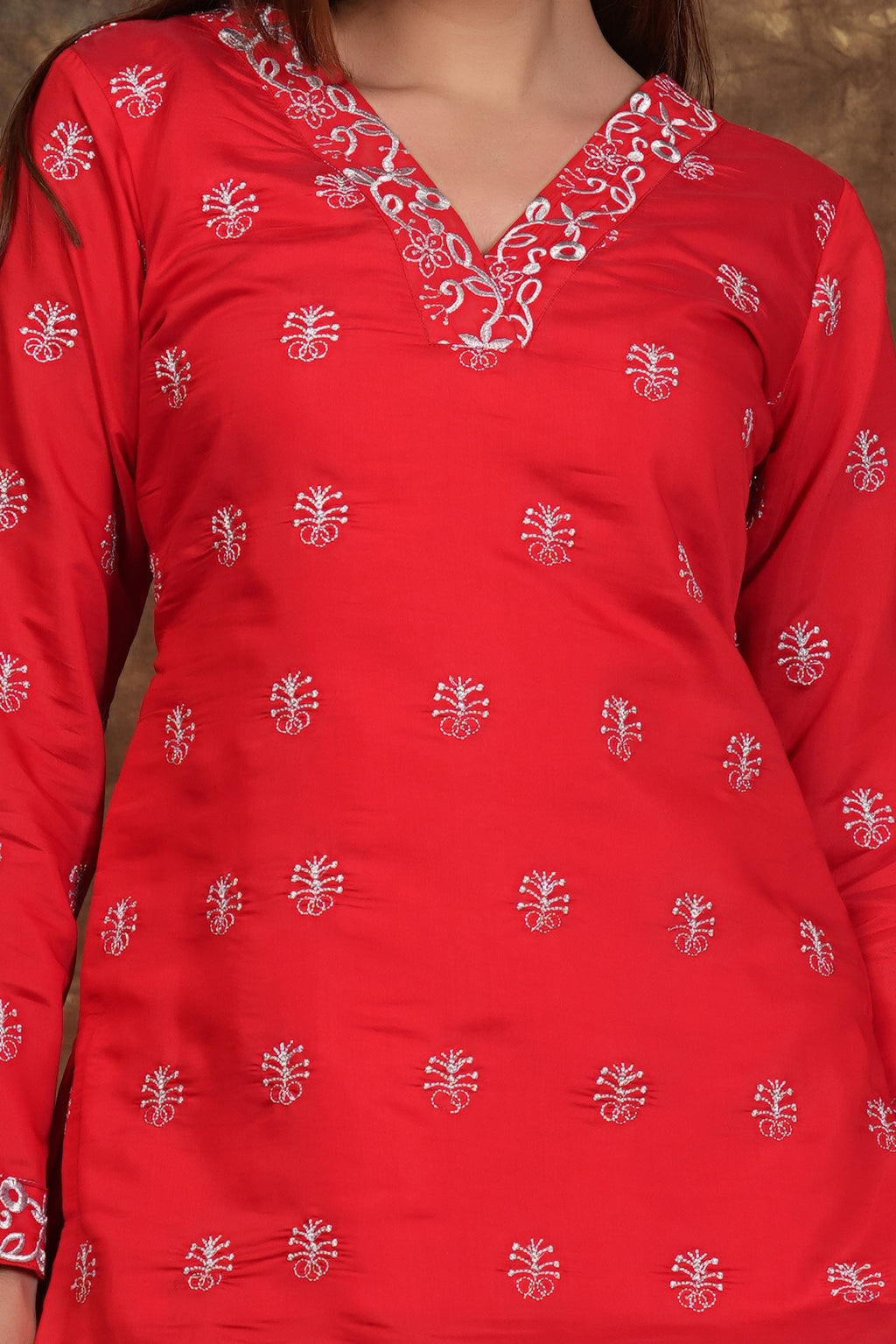 Red Exclusive Zari Embroidered Cotton Sharara Set