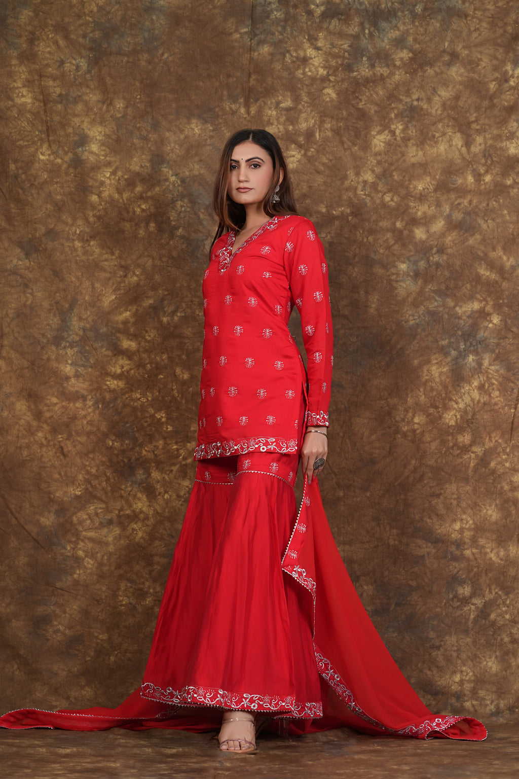 Red Exclusive Zari Embroidered Cotton Sharara Set