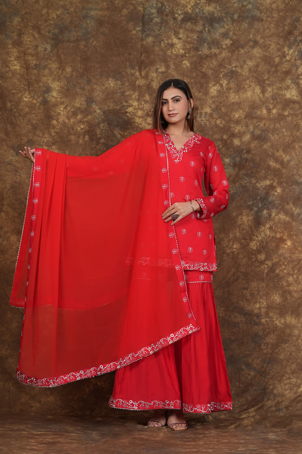 Red Exclusive Zari Embroidered Cotton Sharara Set