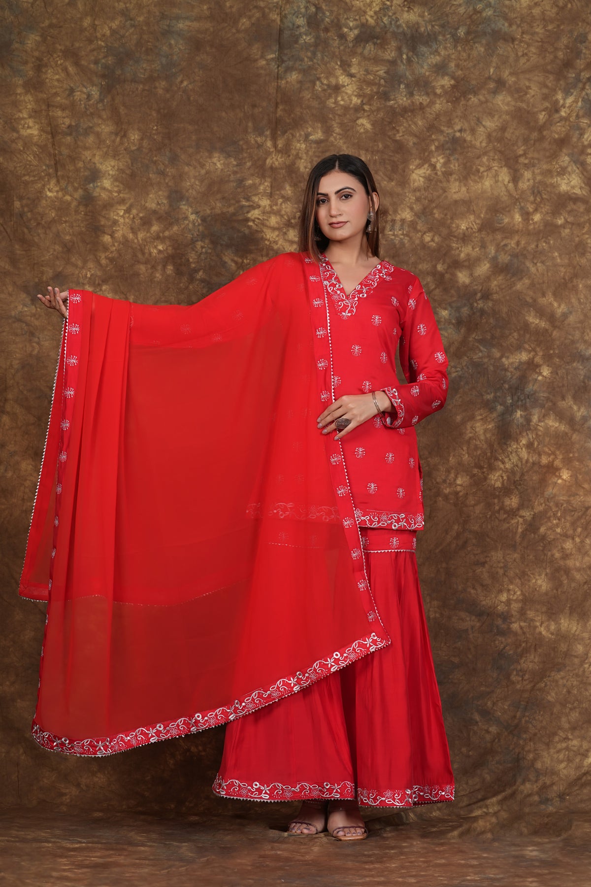 Red Exclusive Zari Embroidered Cotton Sharara Set