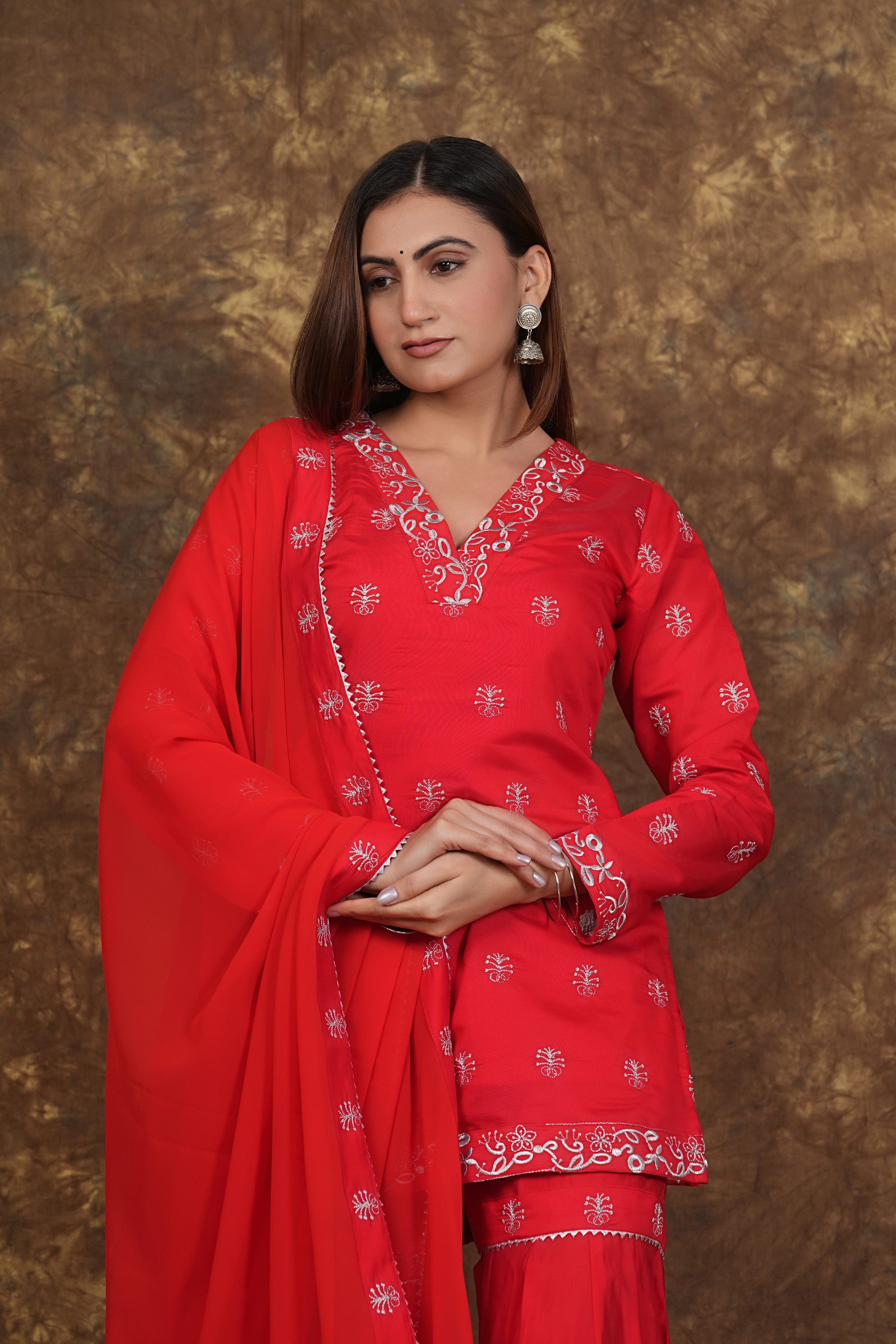 Red Exclusive Zari Embroidered Cotton Sharara Set
