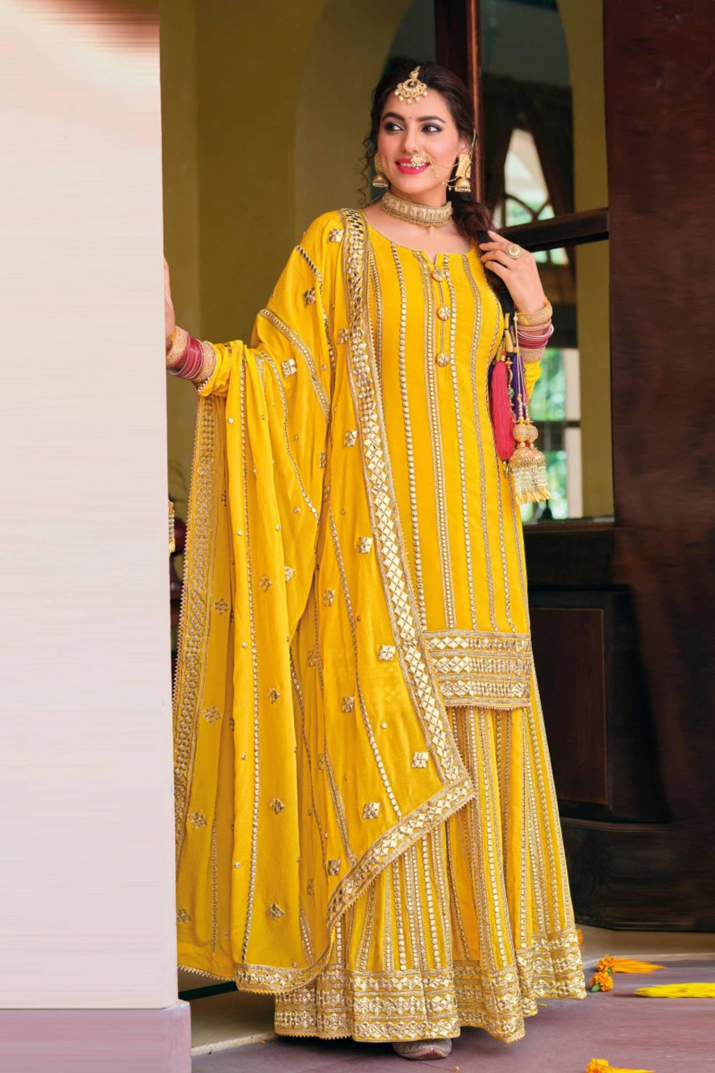 Yellow Georgette Embroidered Palazzo Suit