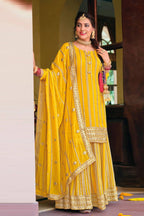 Yellow Georgette Embroidered Palazzo Suit