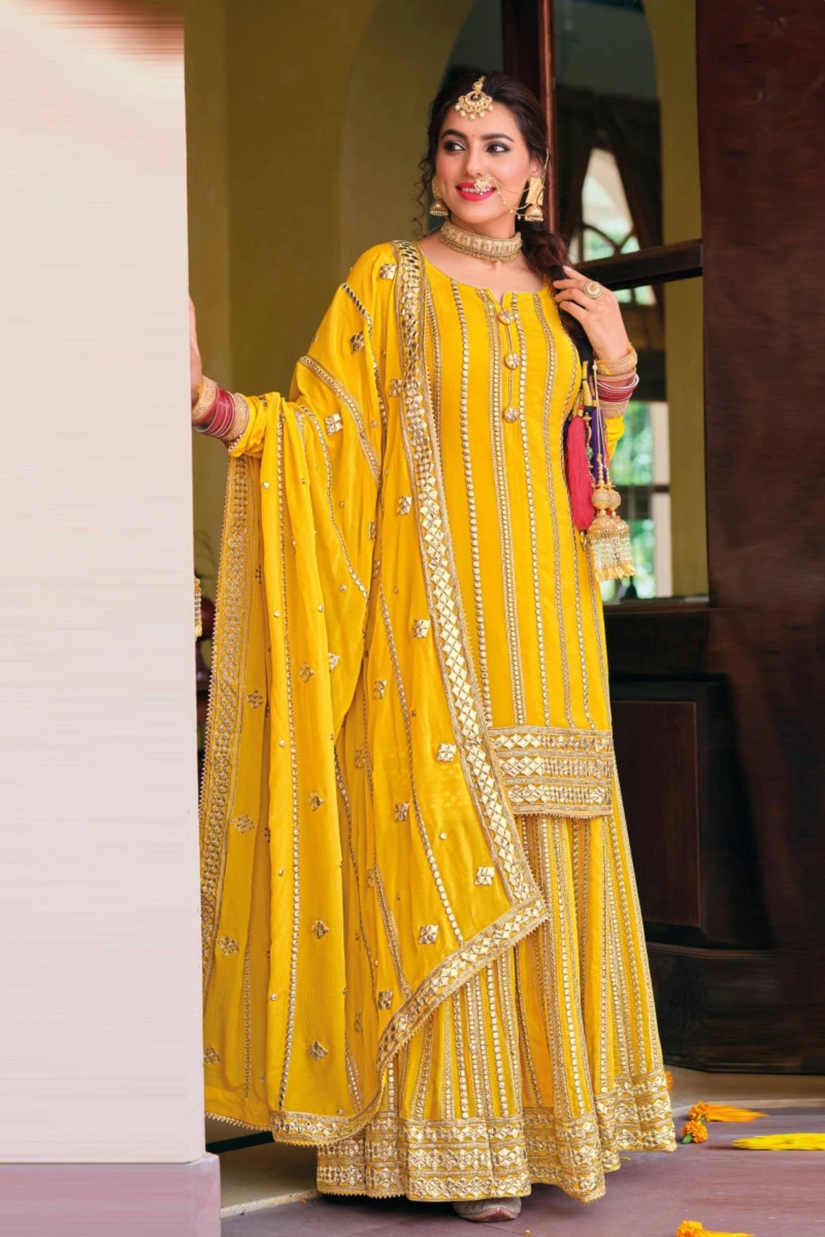 Yellow Georgette Embroidered Palazzo Suit