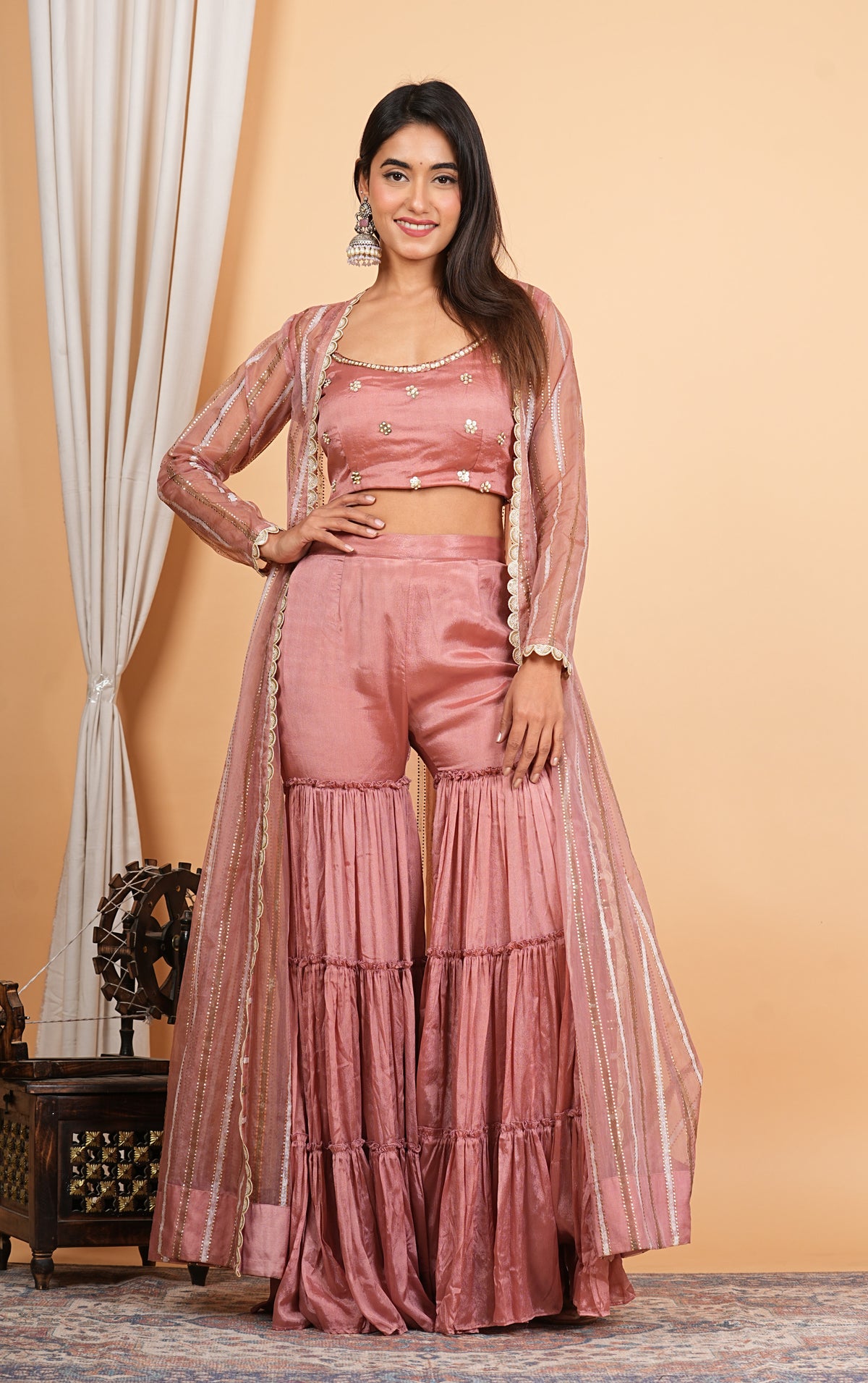Mauve Sharara With Short Blouse And Net Jacket