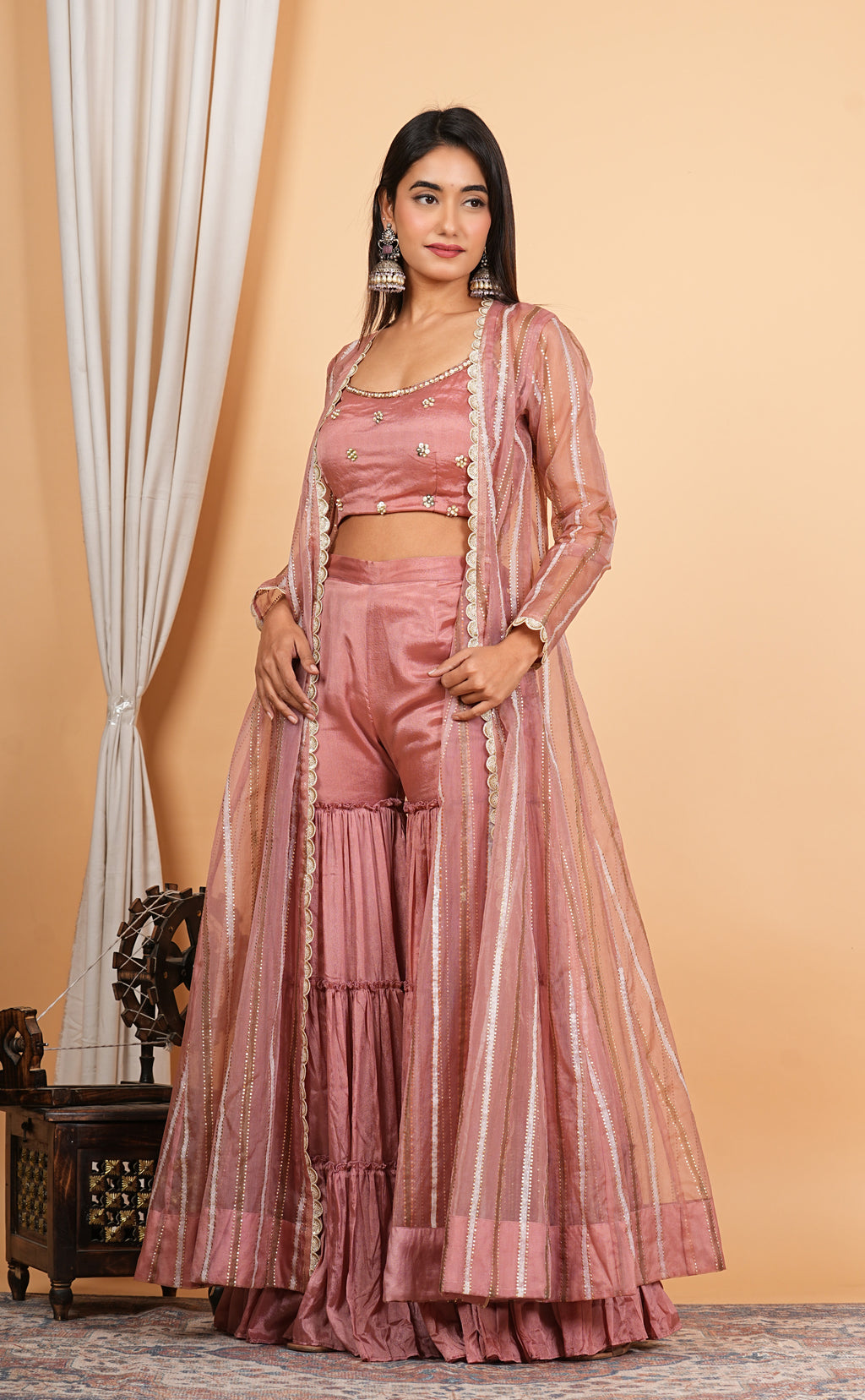 Mauve Sharara With Short Blouse And Net Jacket