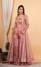 Mauve Sharara With Short Blouse And Net Jacket