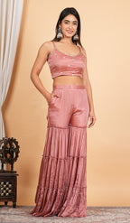 Mauve Sharara With Short Blouse And Net Jacket