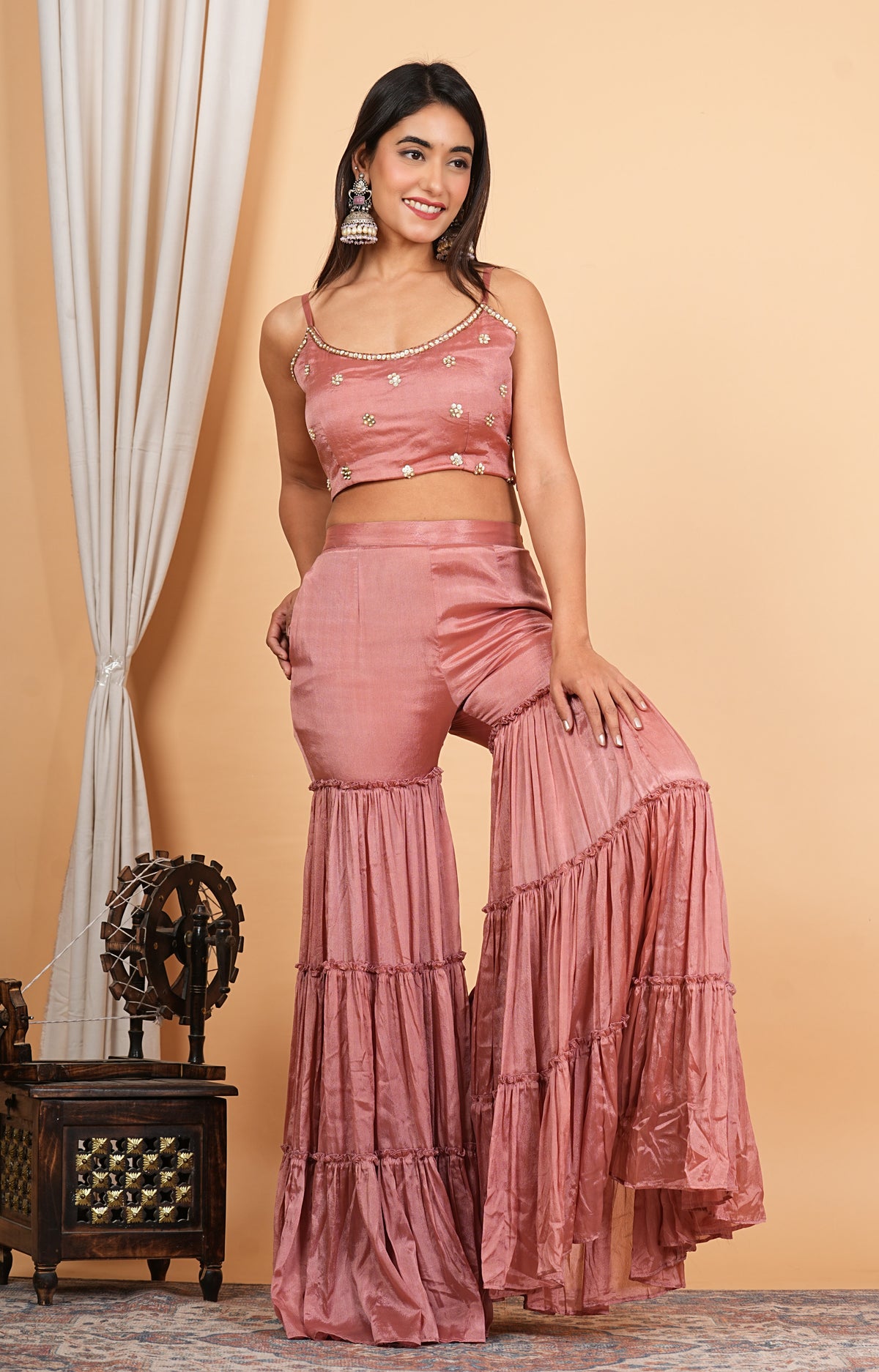 Mauve Sharara With Short Blouse And Net Jacket