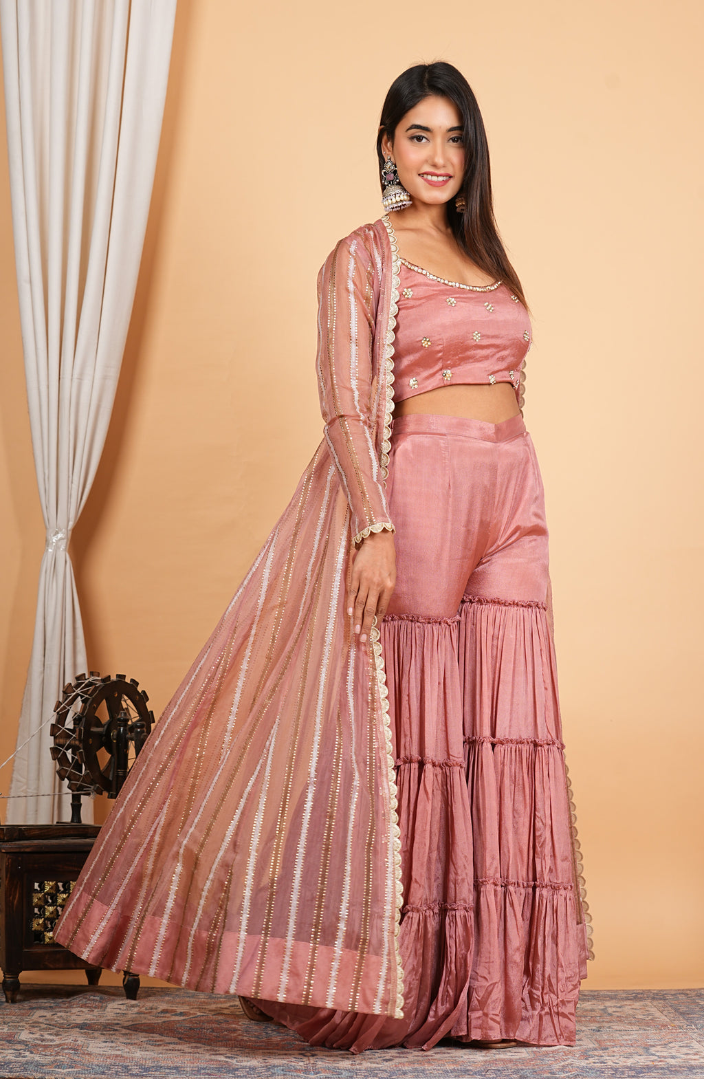 Mauve Sharara With Short Blouse And Net Jacket