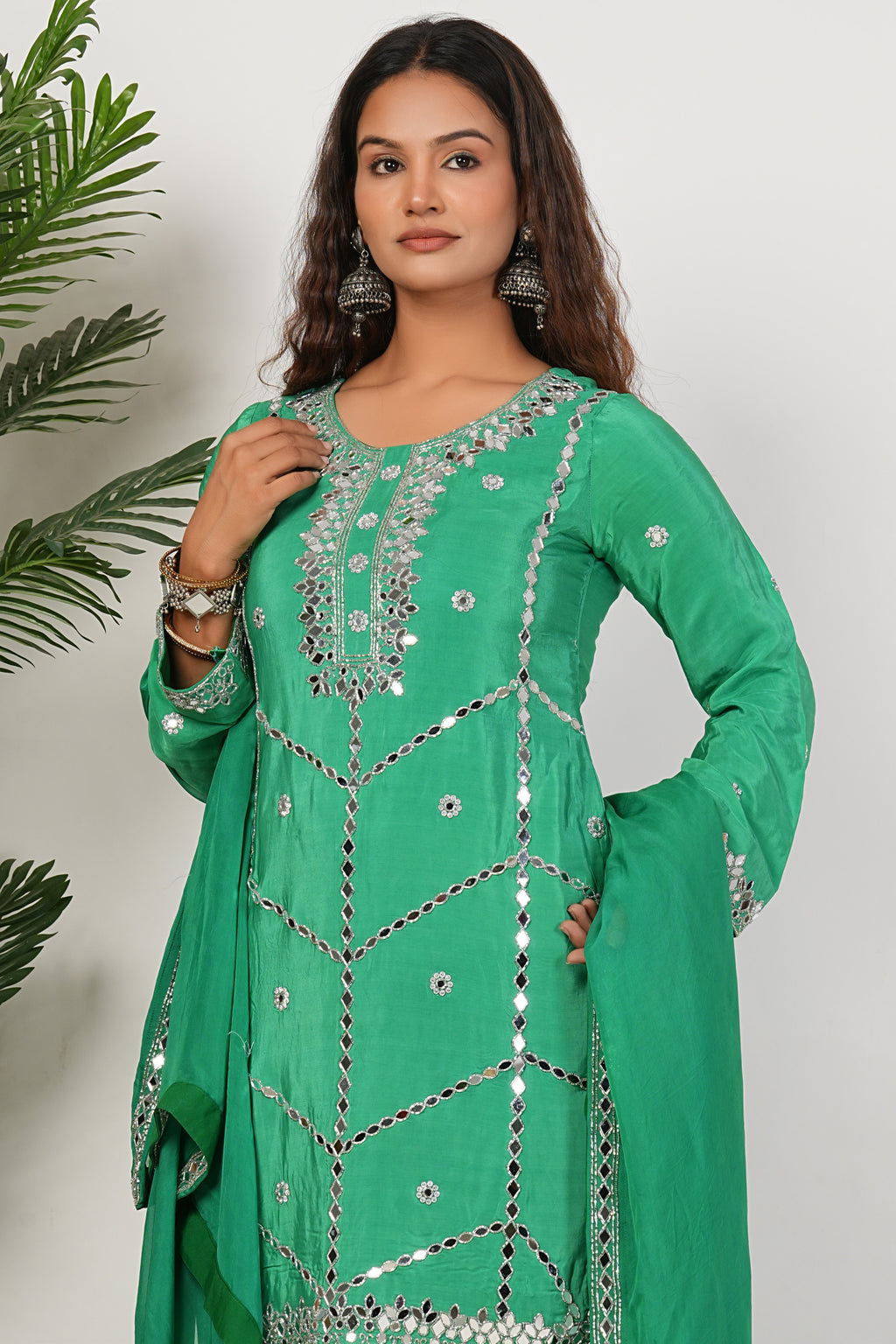 Green Heavy Mirror-Work Natural Crepe Suit Sets