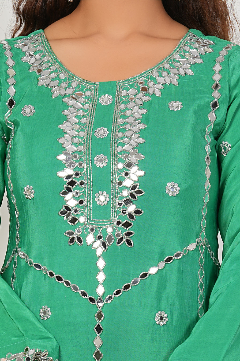 Green Heavy Mirror-Work Natural Crepe Suit Sets
