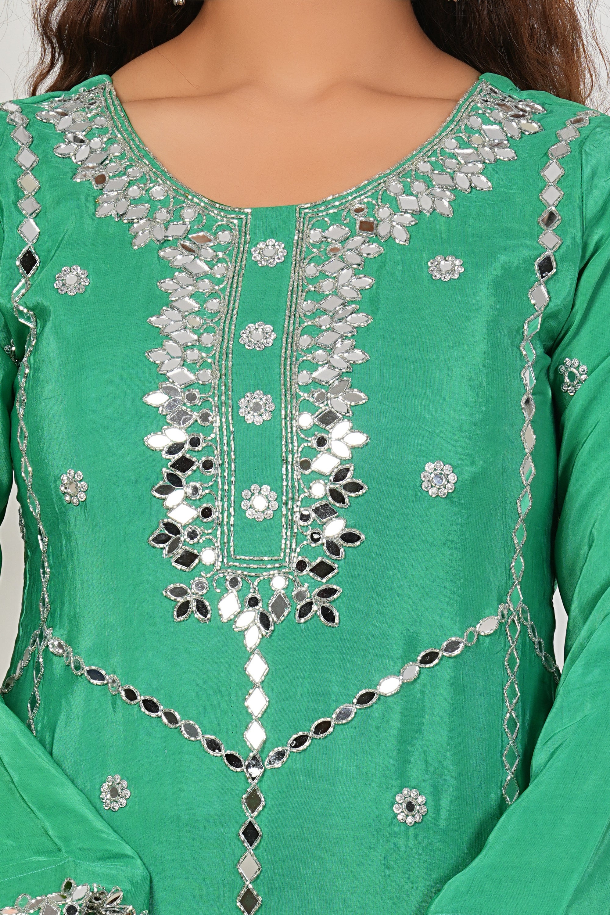 Green Heavy Mirror-Work Natural Crepe Suit Sets