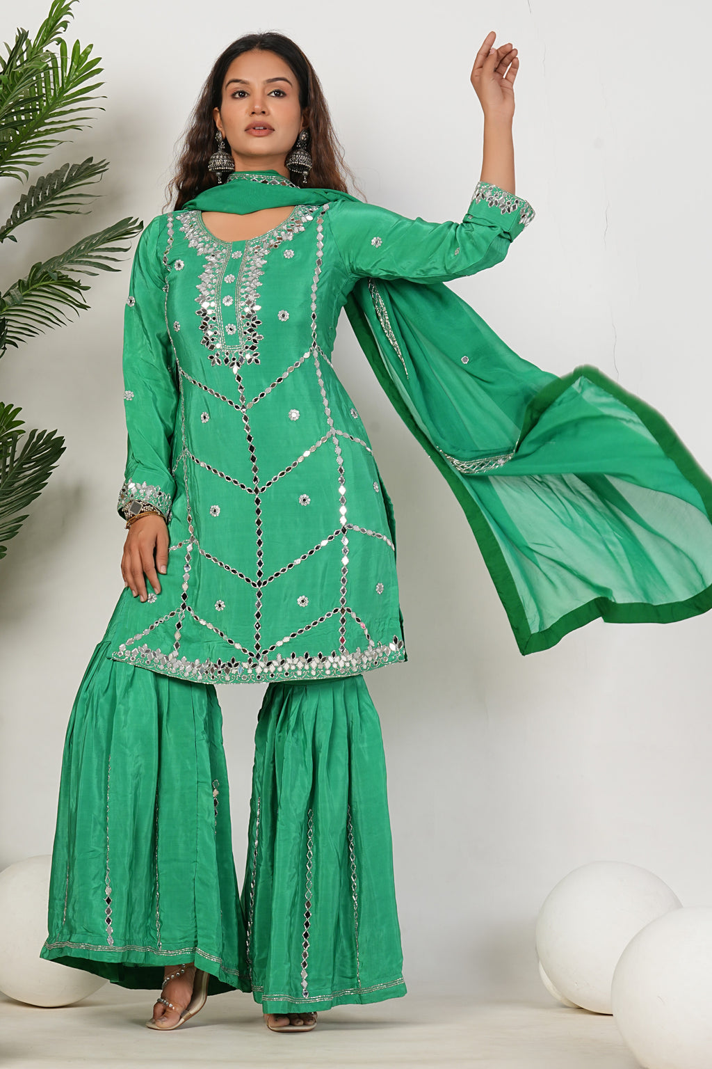 Green Heavy Mirror-Work Natural Crepe Suit Sets