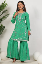 Green Heavy Mirror-Work Natural Crepe Suit Sets