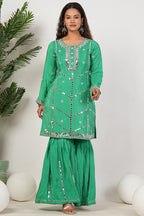 Green Heavy Mirror-Work Natural Crepe Suit Sets