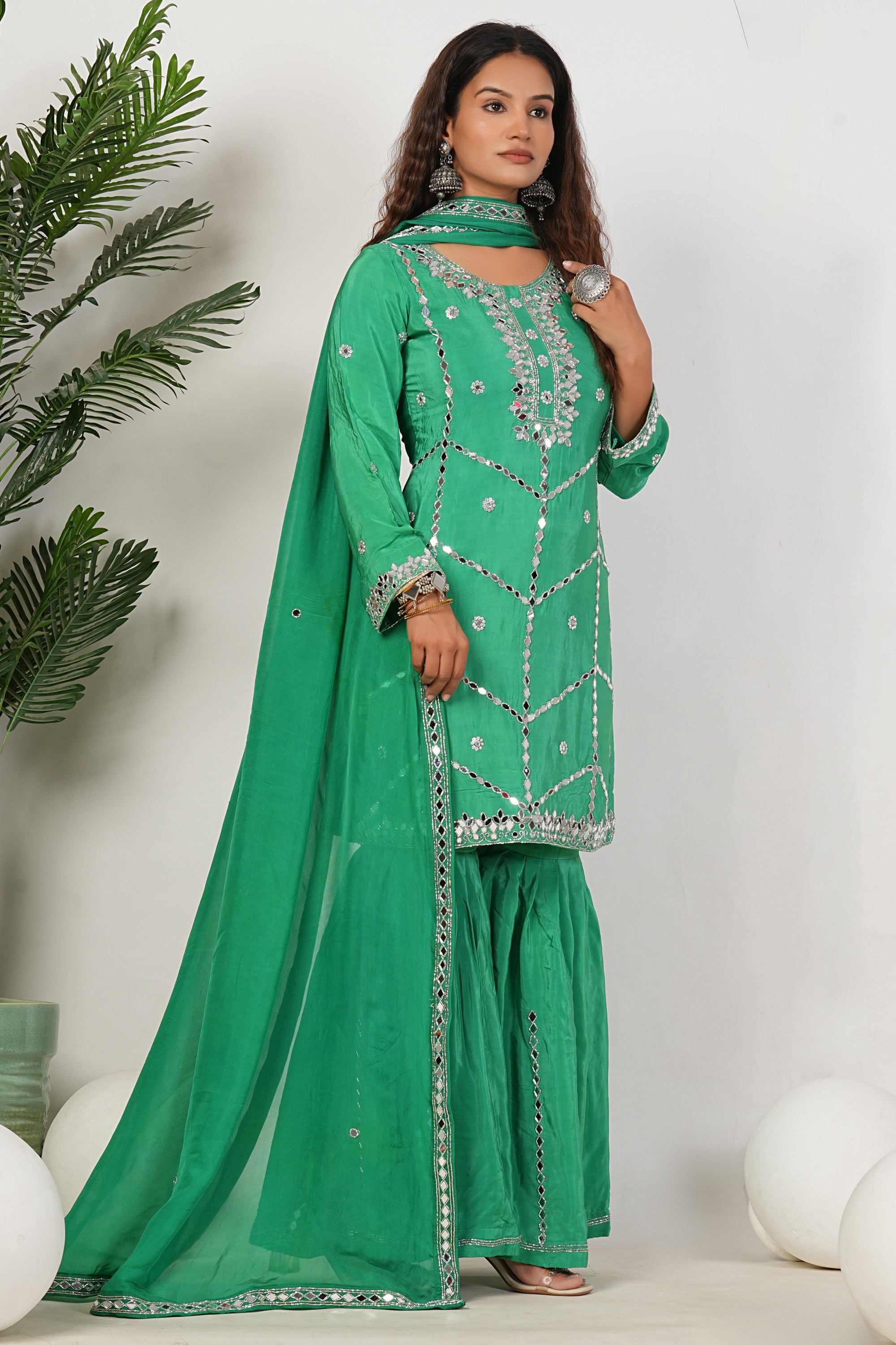 Green Heavy Mirror-Work Natural Crepe Suit Sets
