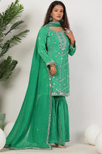 Green Heavy Mirror-Work Natural Crepe Suit Sets