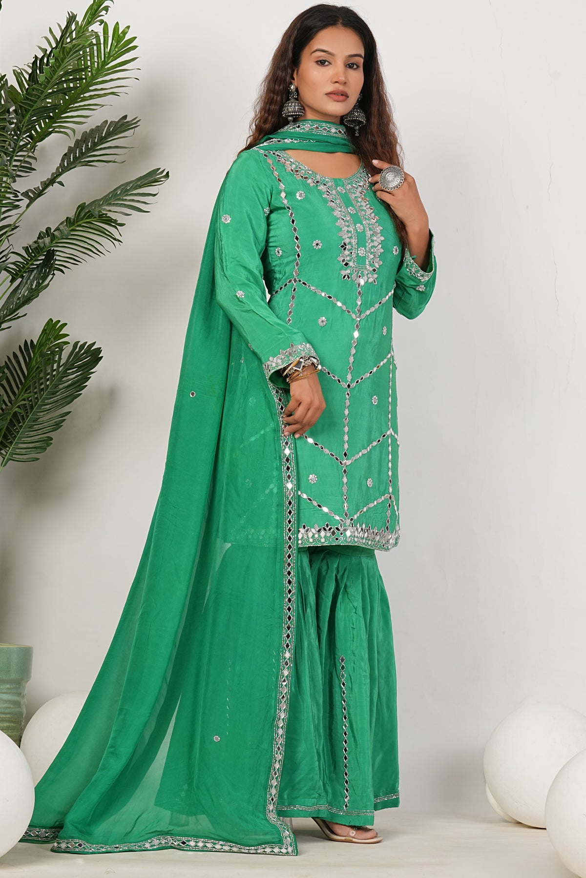 Green Heavy Mirror-Work Natural Crepe Suit Sets