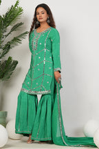 Green Heavy Mirror-Work Natural Crepe Suit Sets