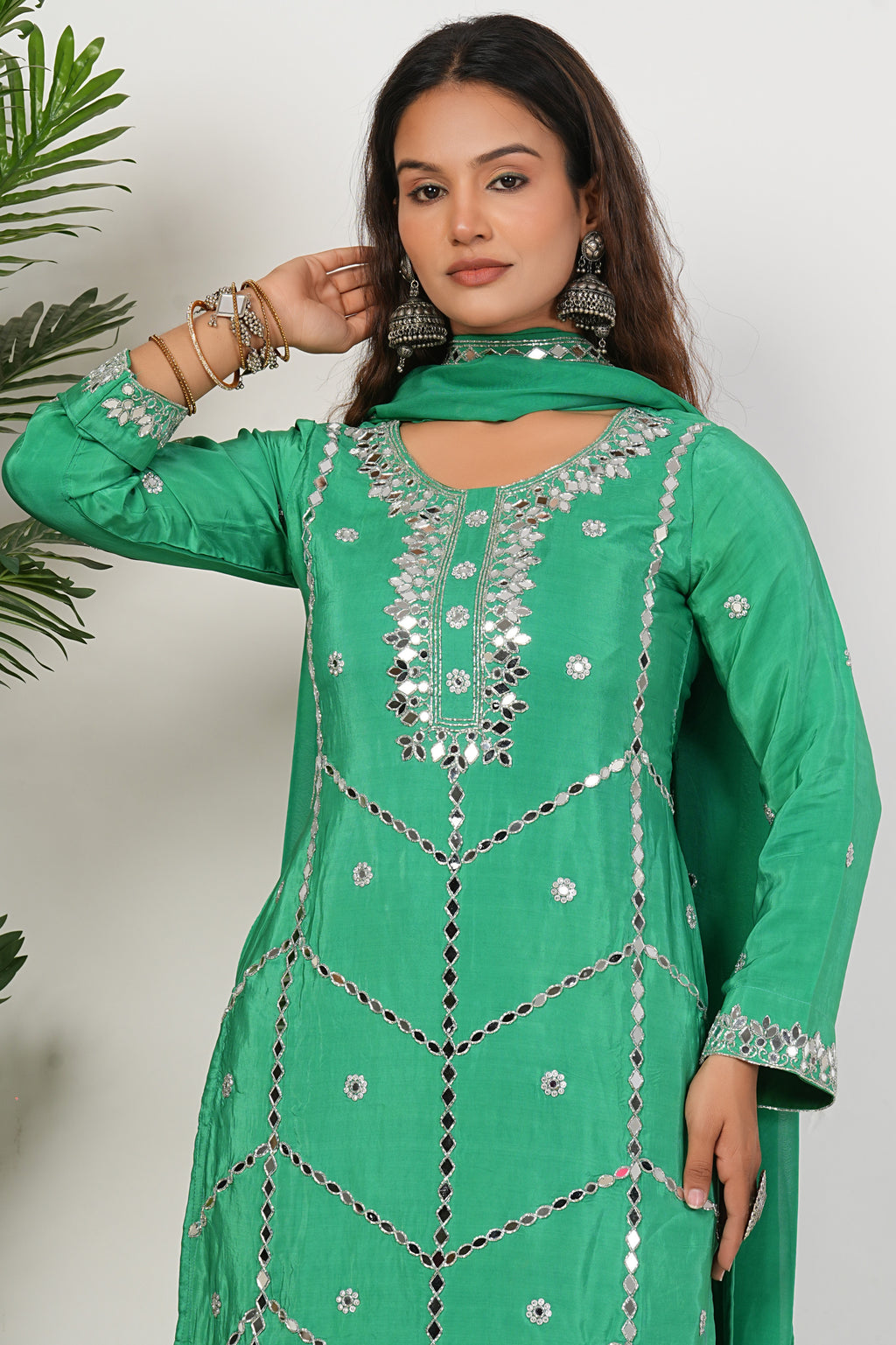 Green Heavy Mirror-Work Natural Crepe Suit Sets