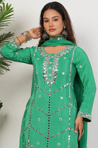 Green Heavy Mirror-Work Natural Crepe Suit Sets