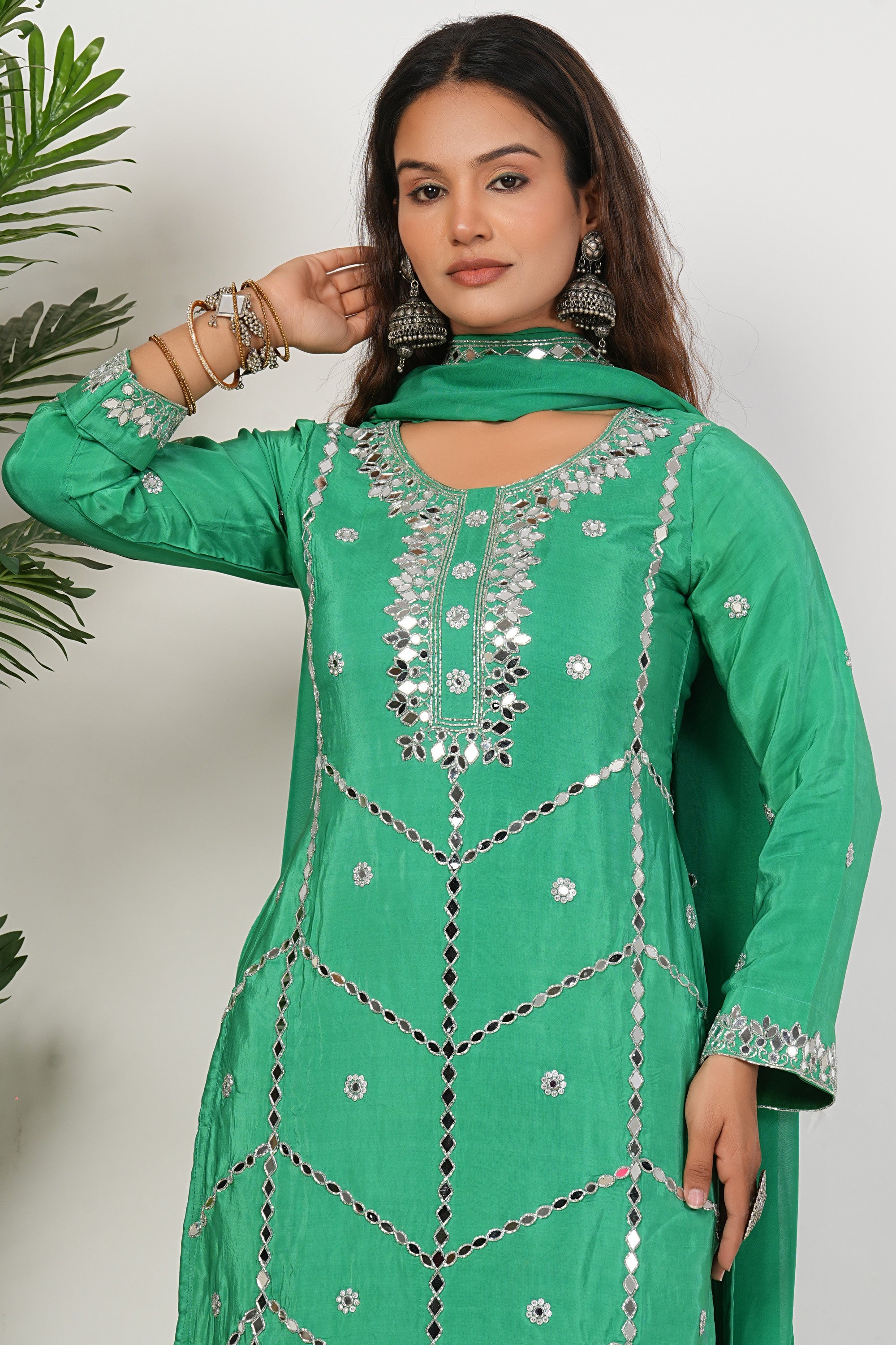 Green Heavy Mirror-Work Natural Crepe Suit Sets