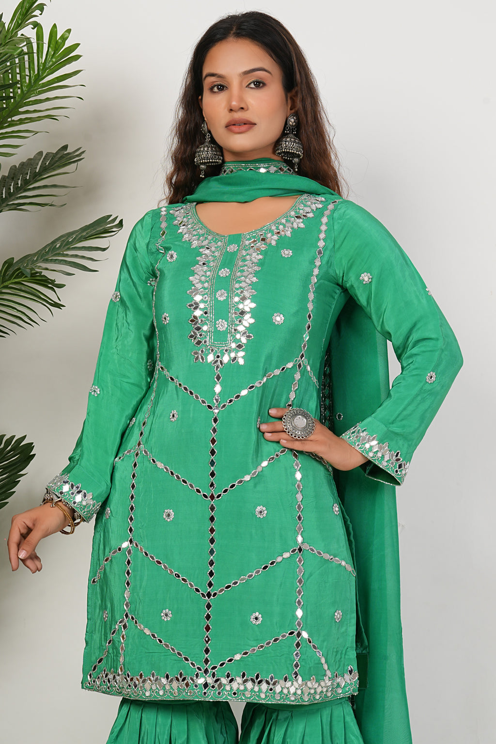 Green Heavy Mirror-Work Natural Crepe Suit Sets