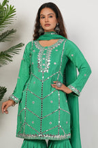 Green Heavy Mirror-Work Natural Crepe Suit Sets