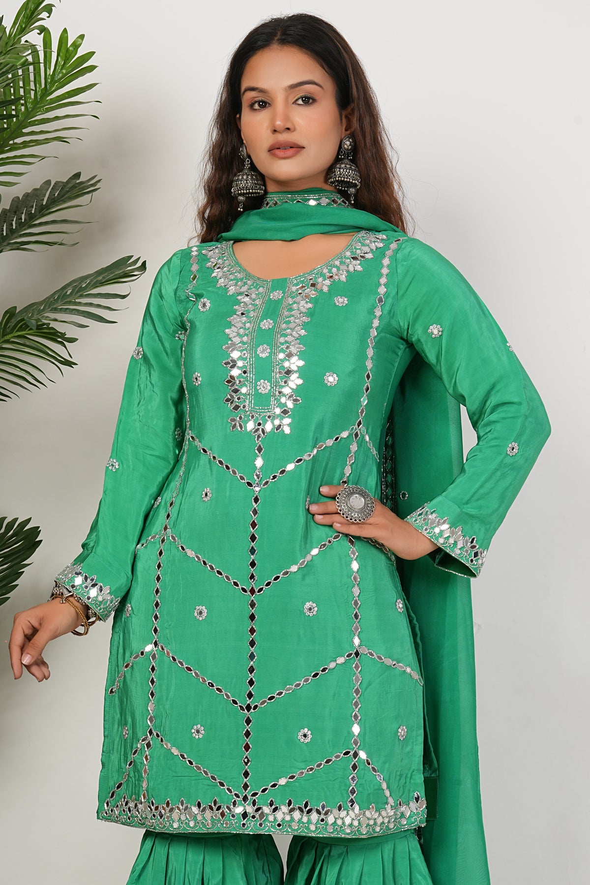 Green Heavy Mirror-Work Natural Crepe Suit Sets