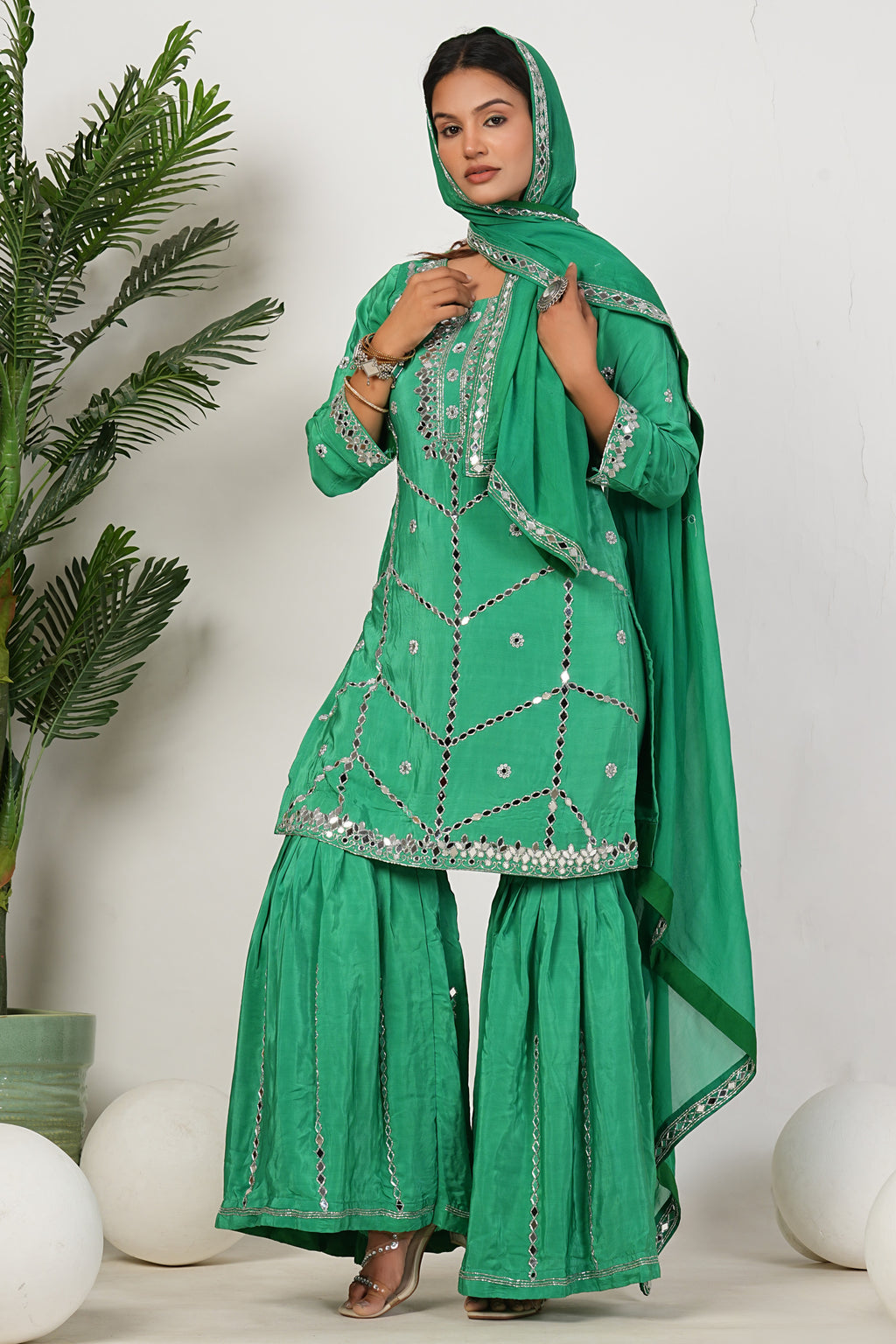 Green Heavy Mirror-Work Natural Crepe Suit Sets