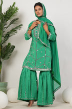 Green Heavy Mirror-Work Natural Crepe Suit Sets