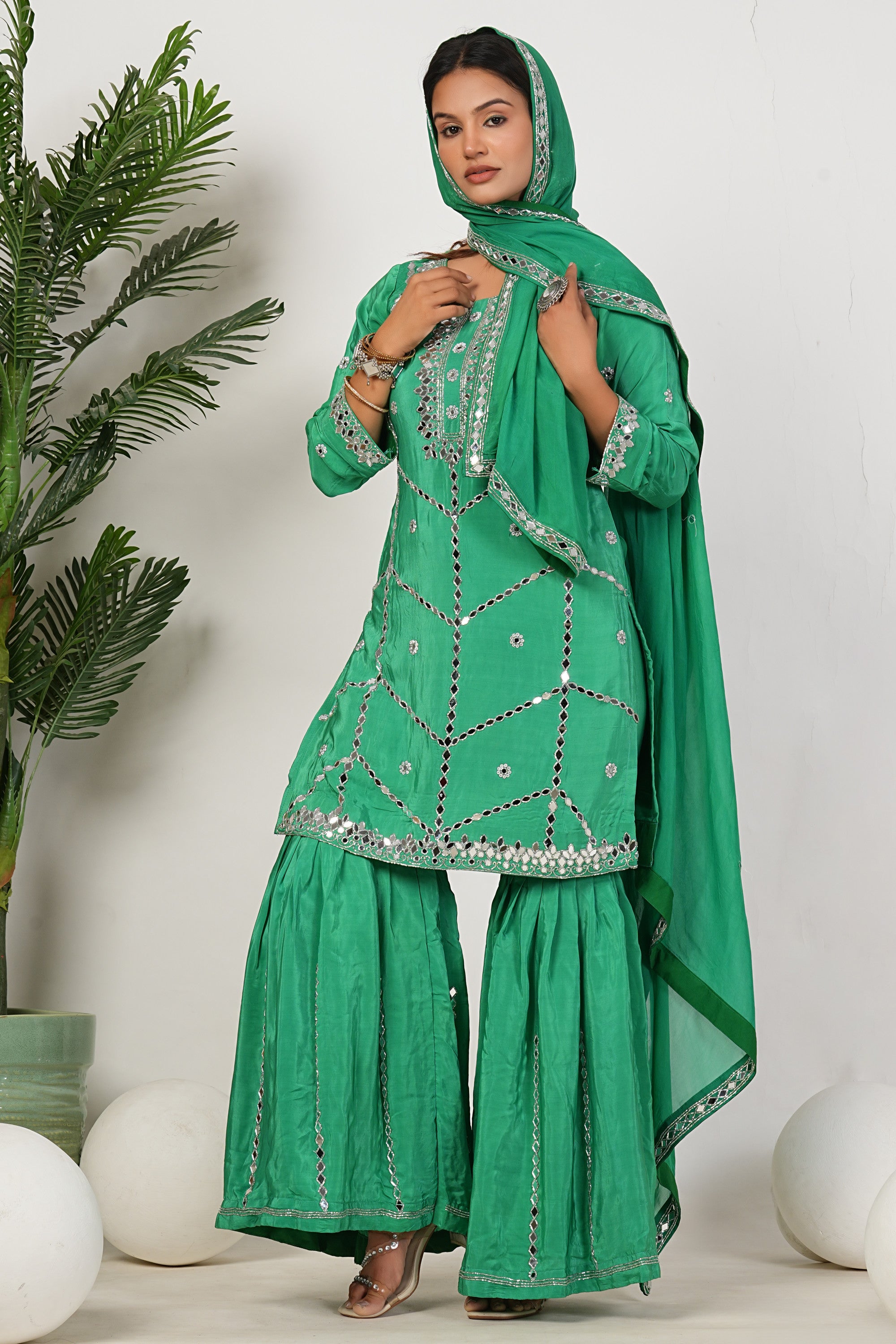 Green Heavy Mirror-Work Natural Crepe Suit Sets