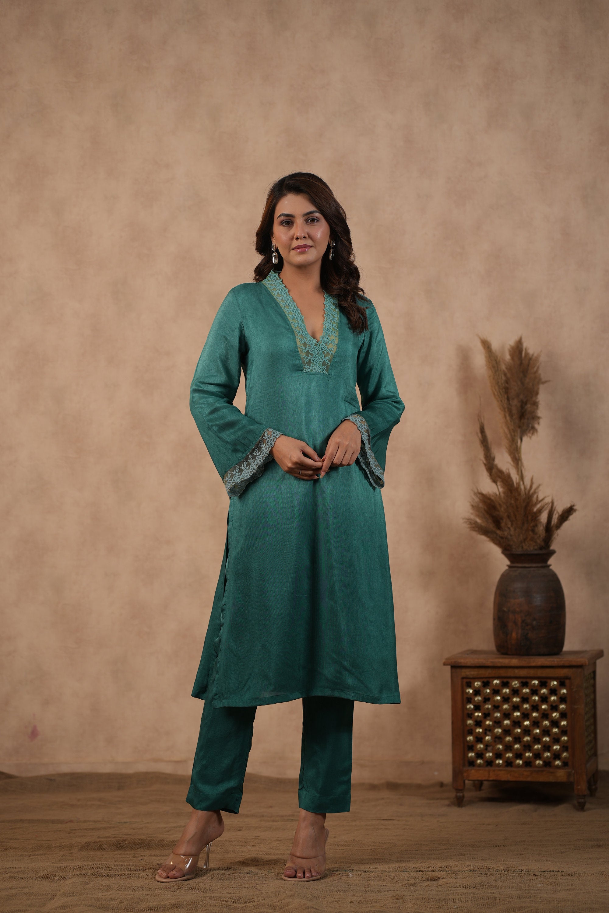 Silk Female Green Suit Set