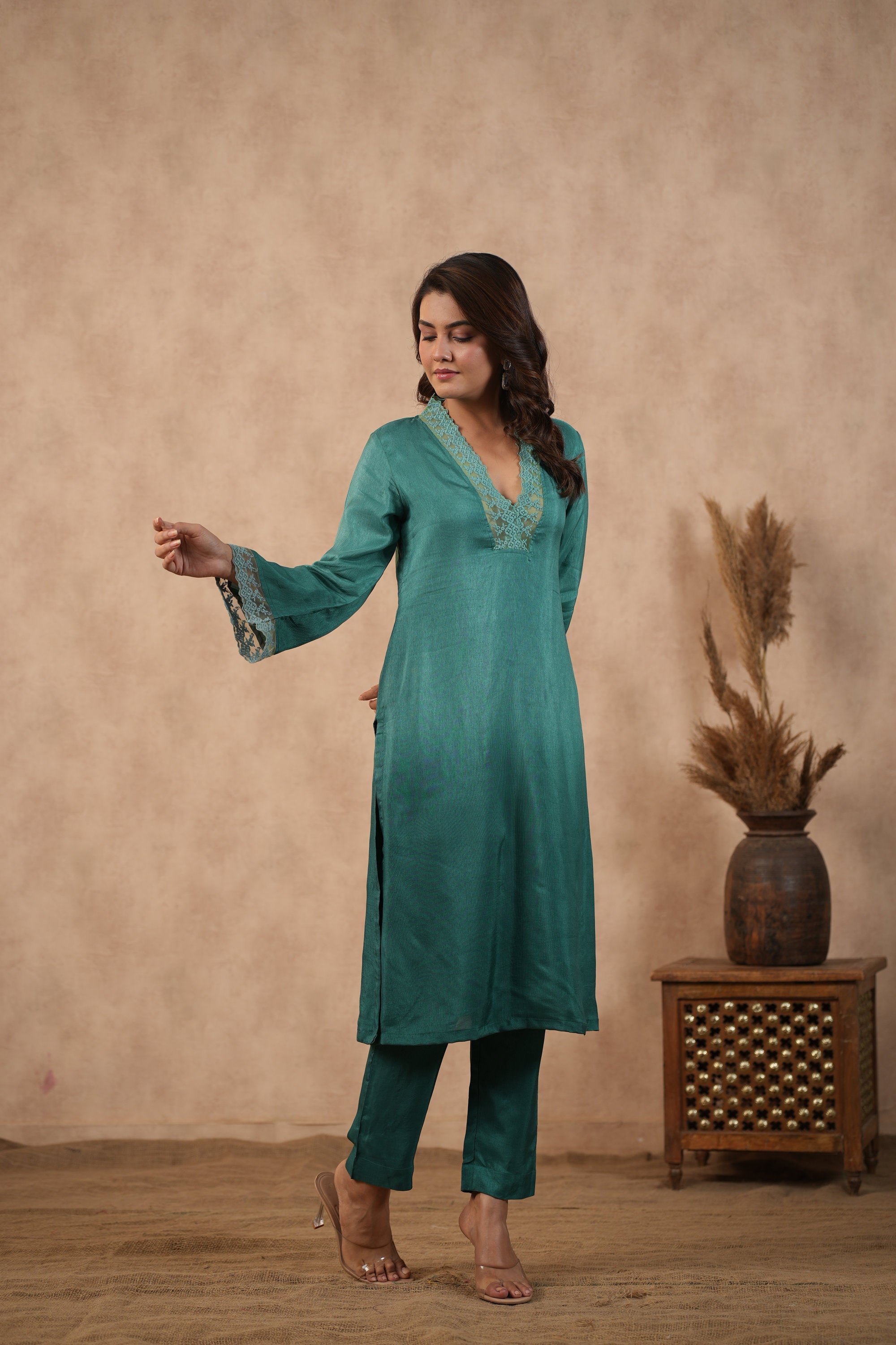 Silk Female Green Suit Set