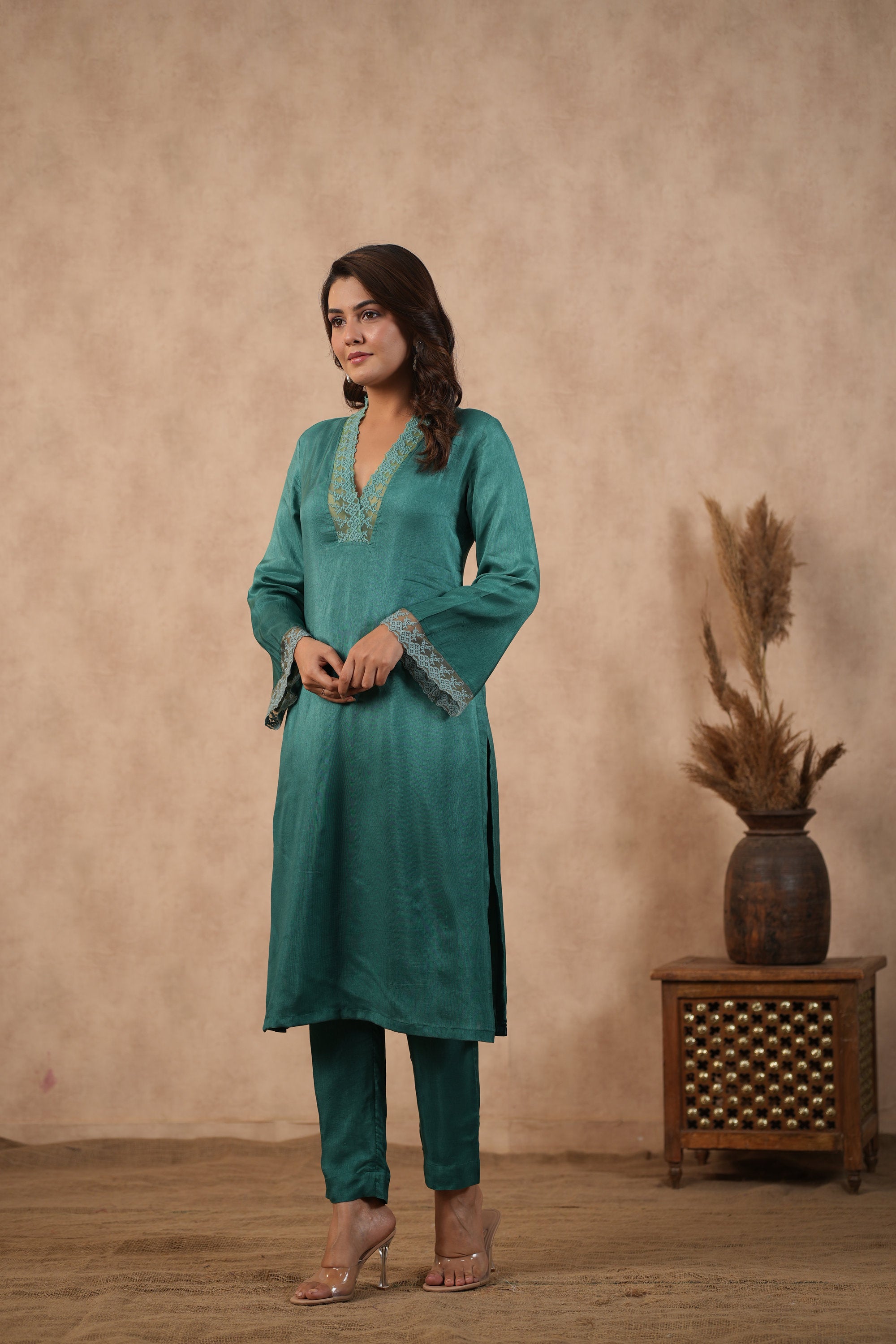 Silk Female Green Suit Set