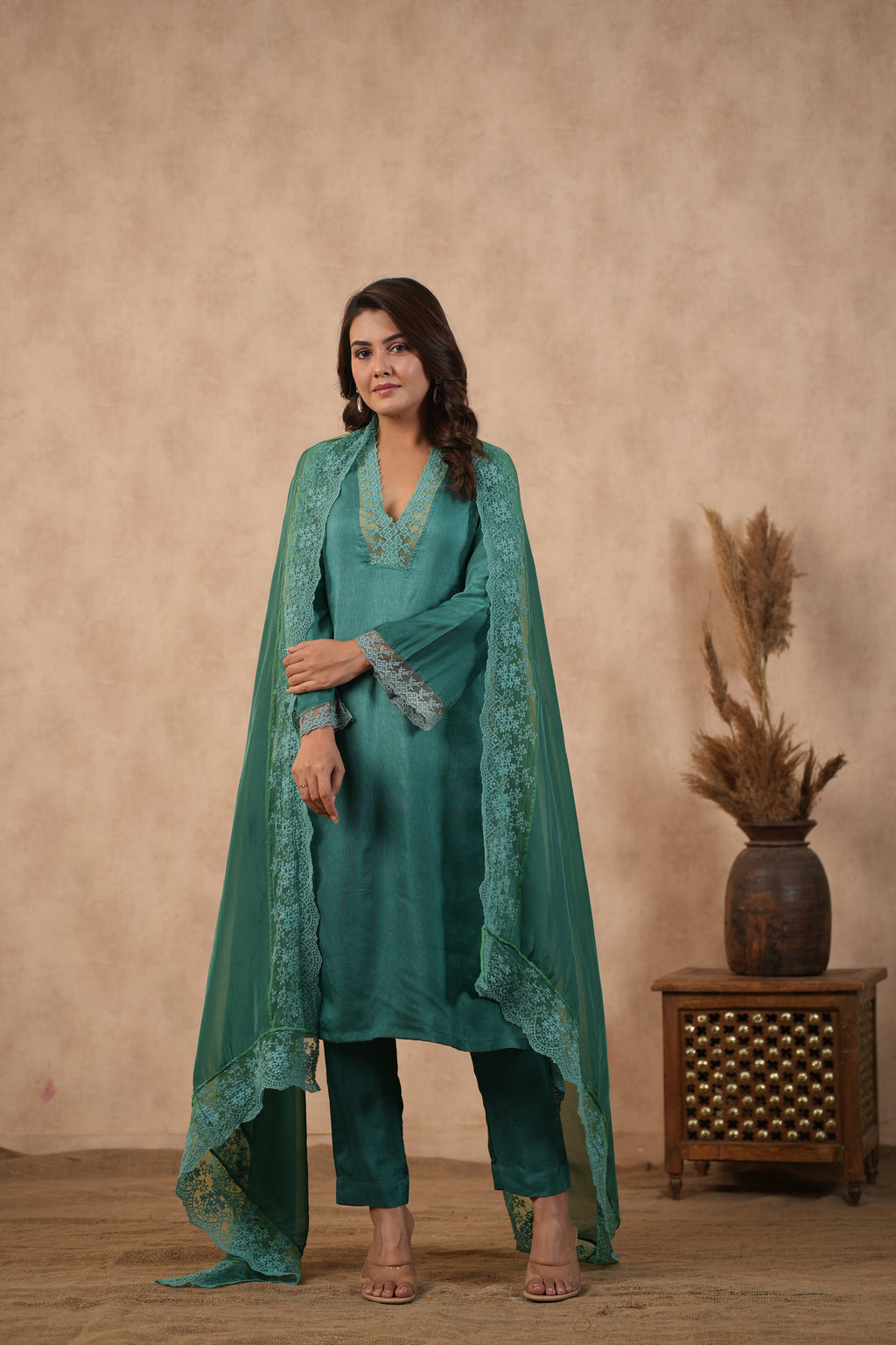 Silk Female Green Suit Set