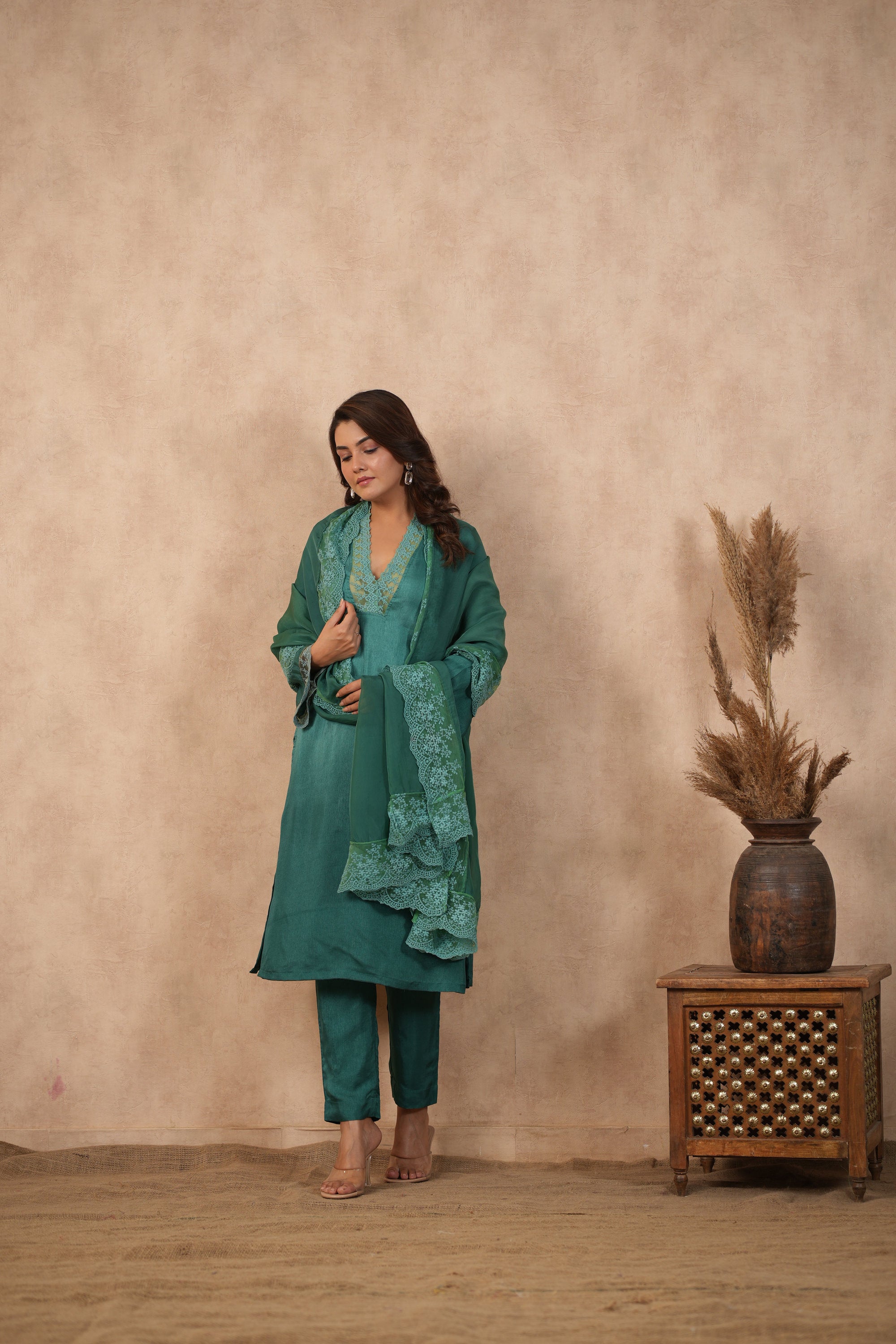 Silk Female Green Suit Set