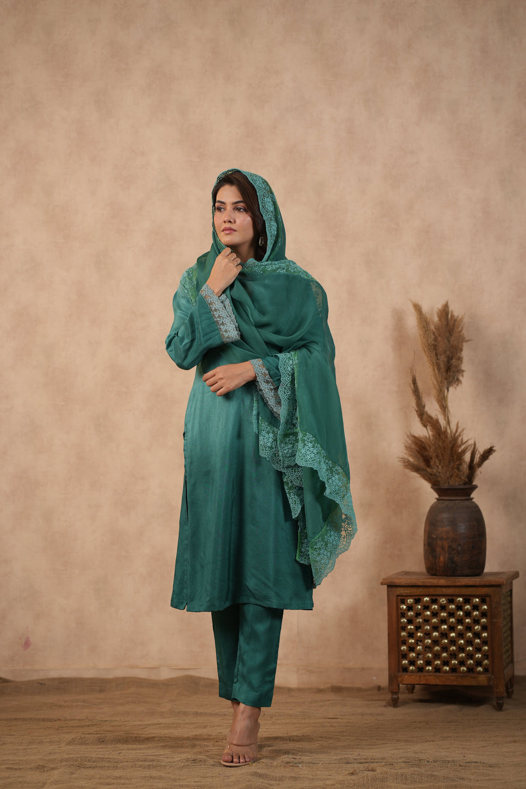 Silk Female Green Suit Set