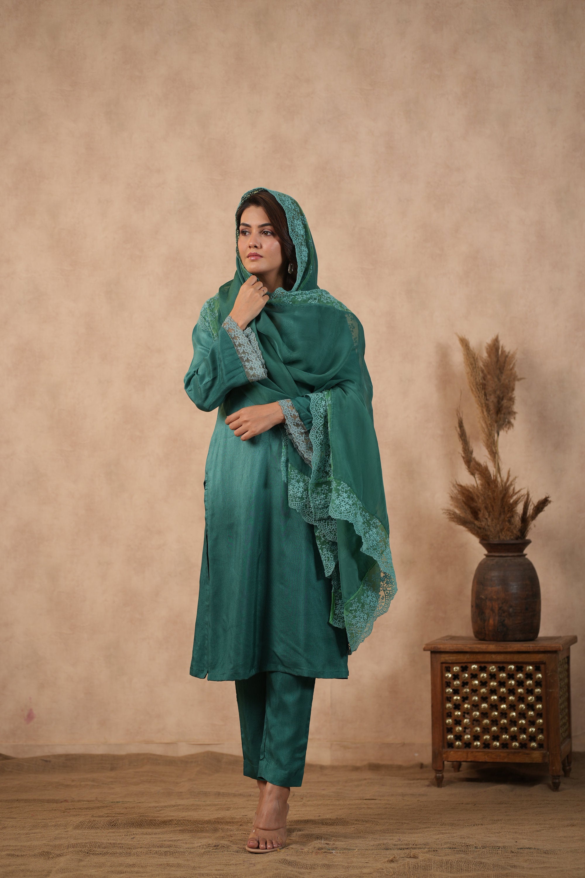 Silk Female Green Suit Set