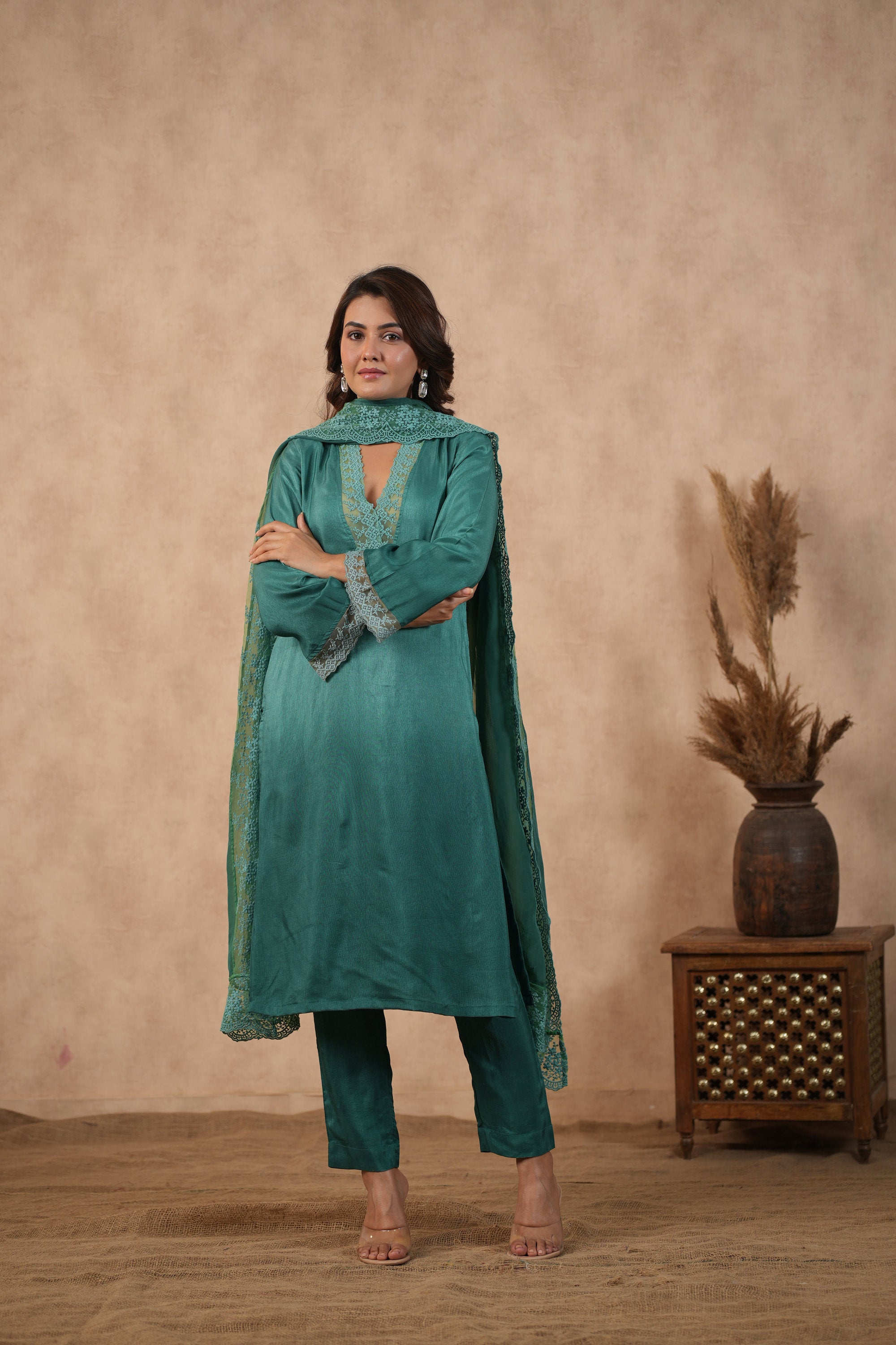 Silk Female Green Suit Set