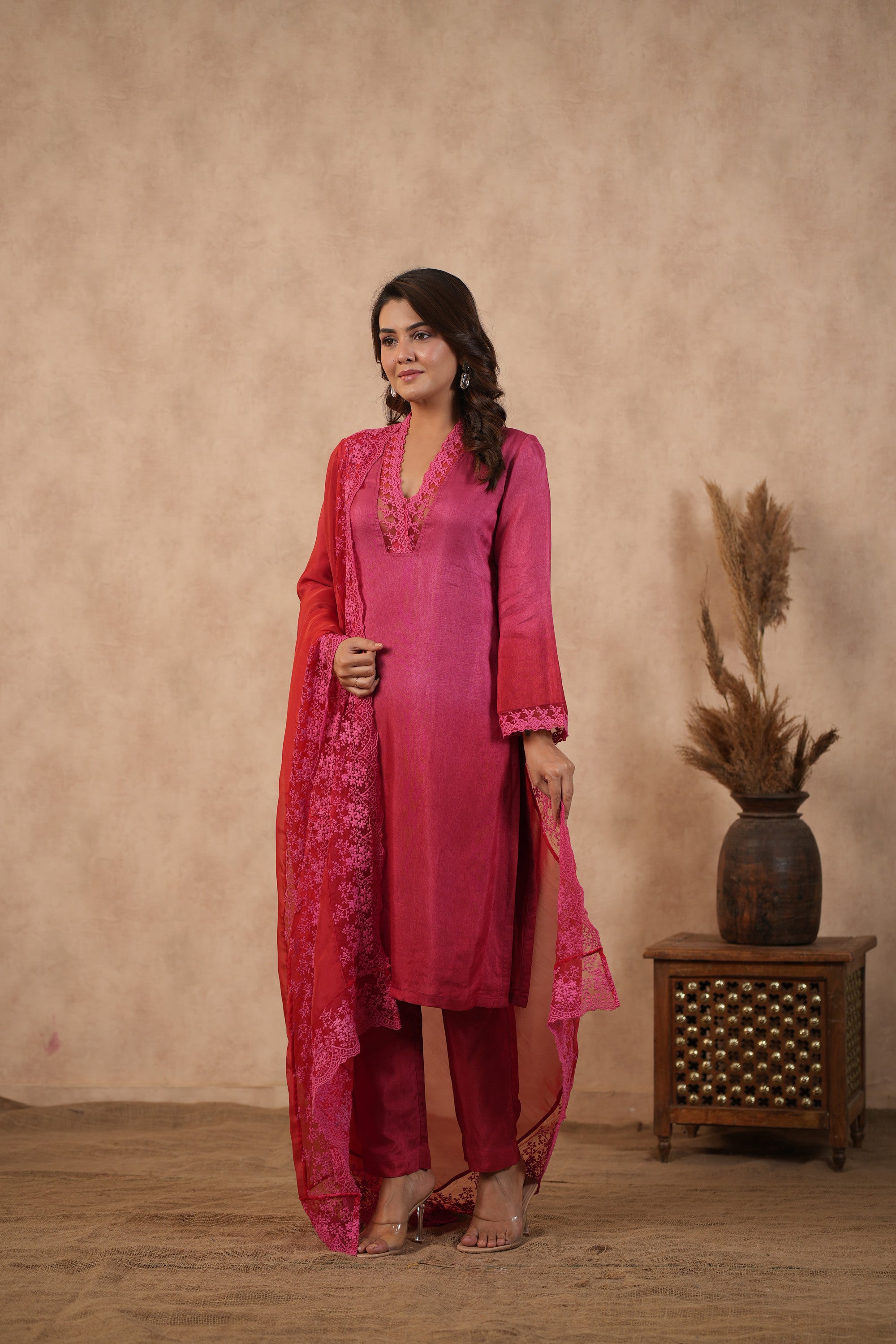 Silk Female Red Suit Set