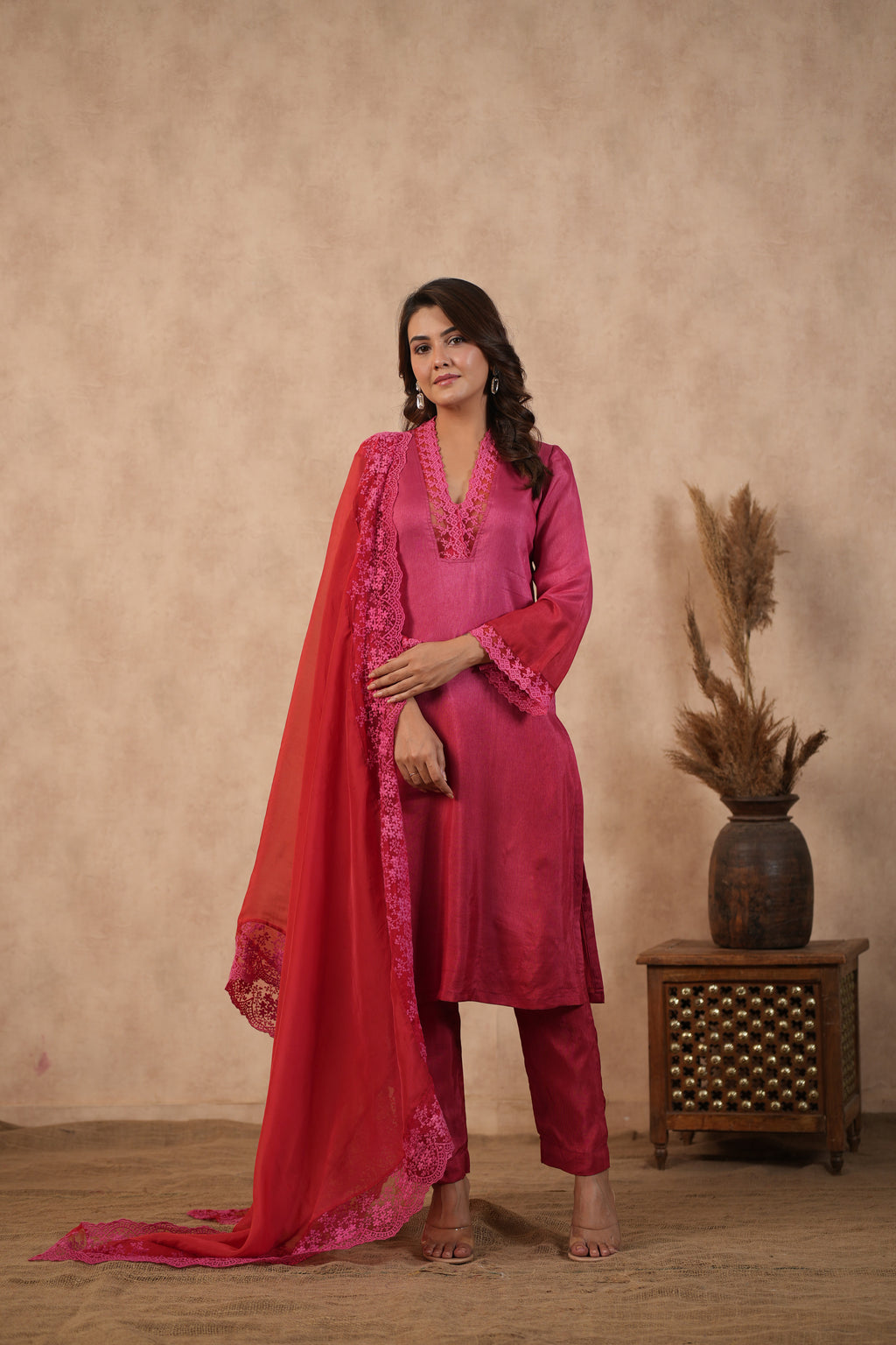 Silk Female Red Suit Set