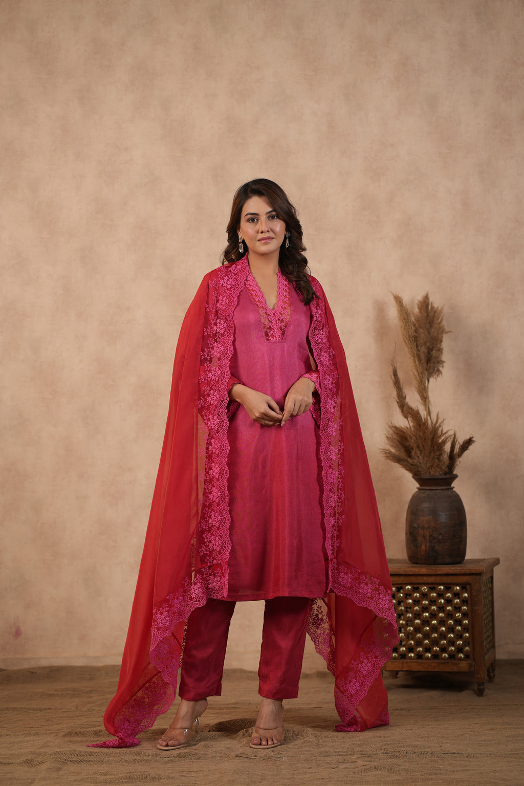 Silk Female Red Suit Set