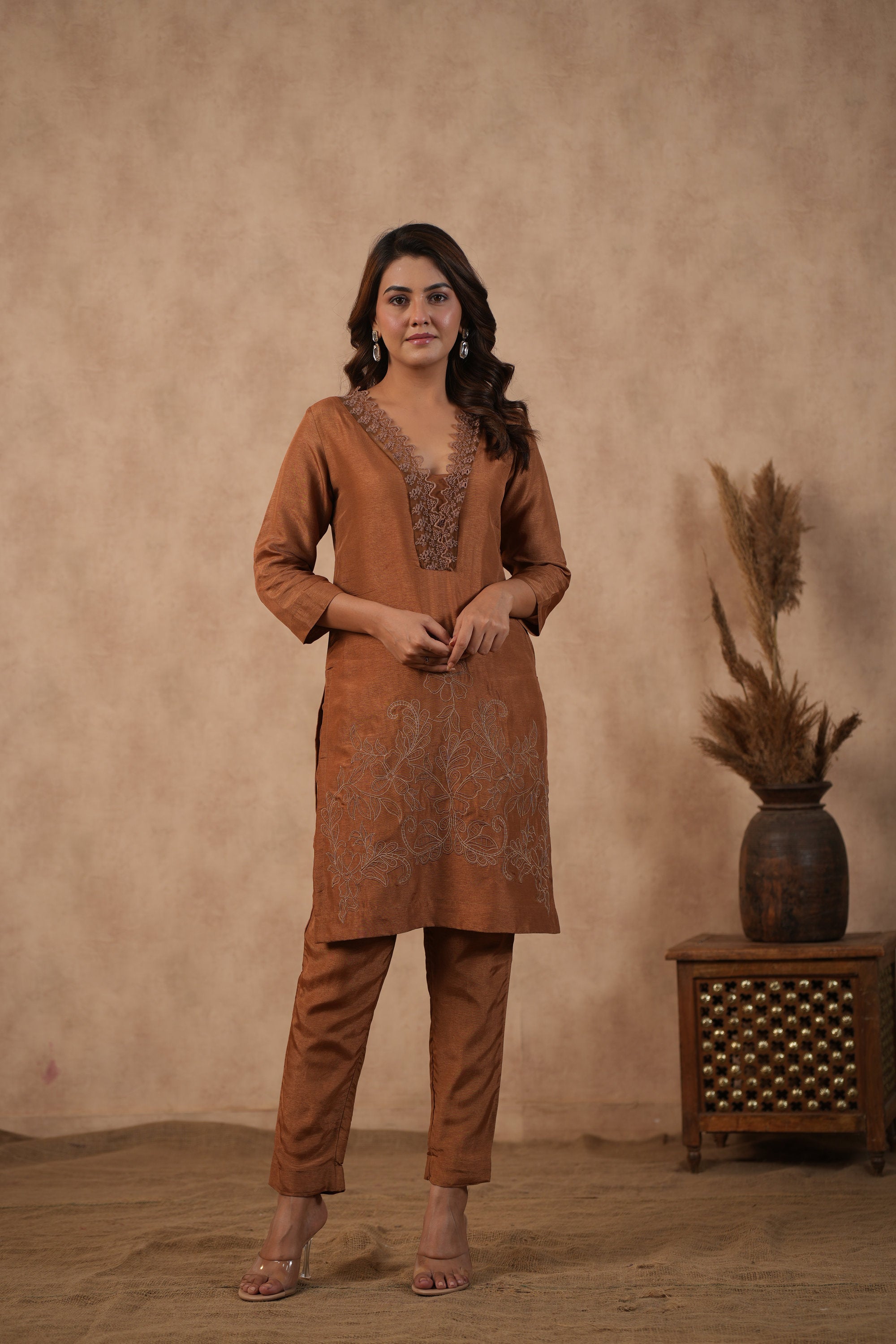Silk Female Brown Suit Set