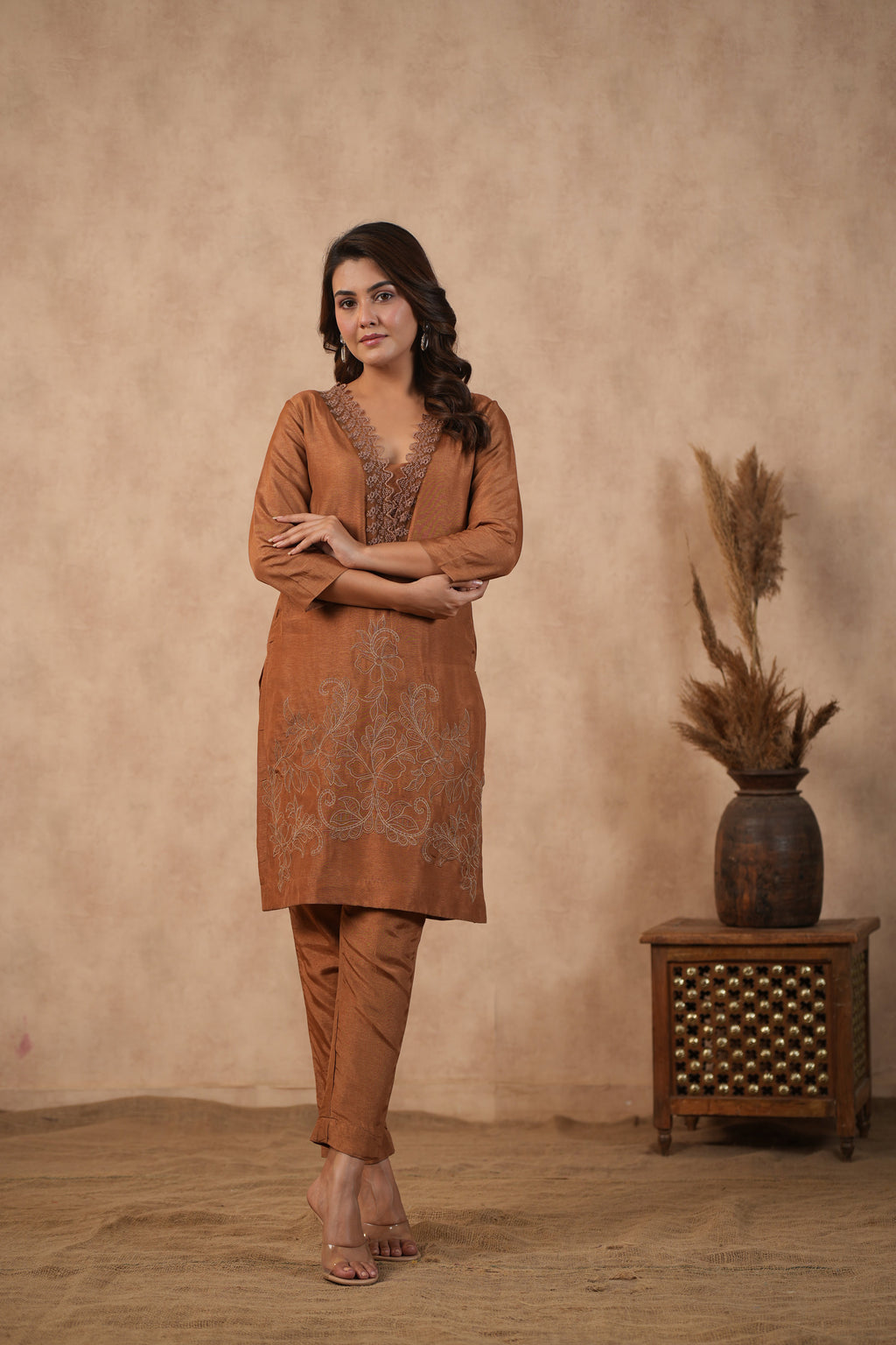 Silk Female Brown Suit Set