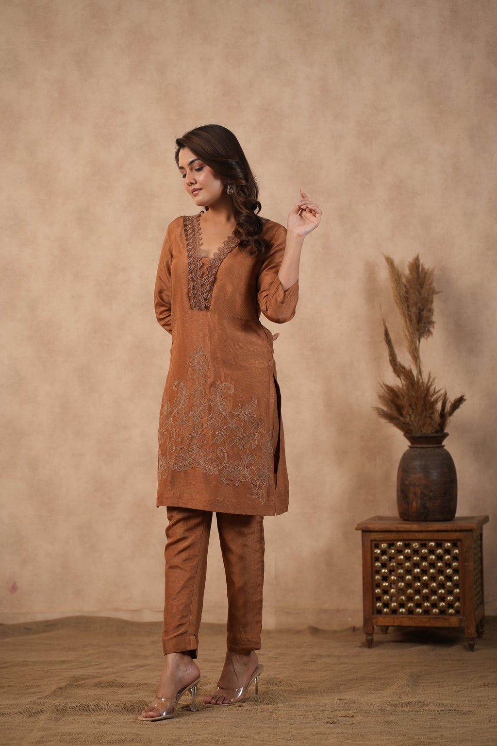 Silk Female Brown Suit Set