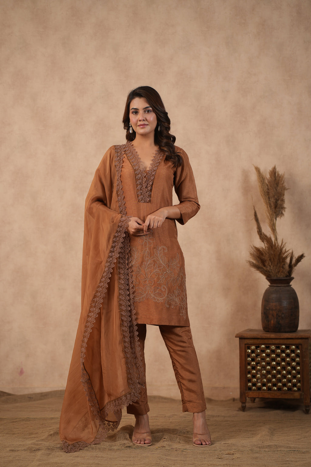 Silk Female Brown Suit Set
