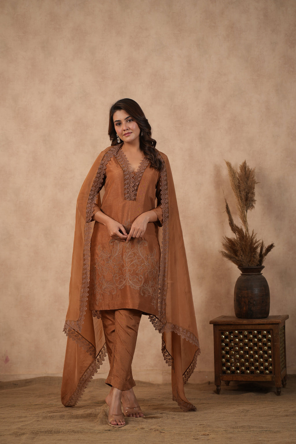 Silk Female Brown Suit Set