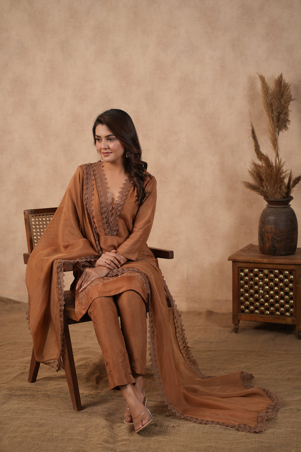 Silk Female Brown Suit Set